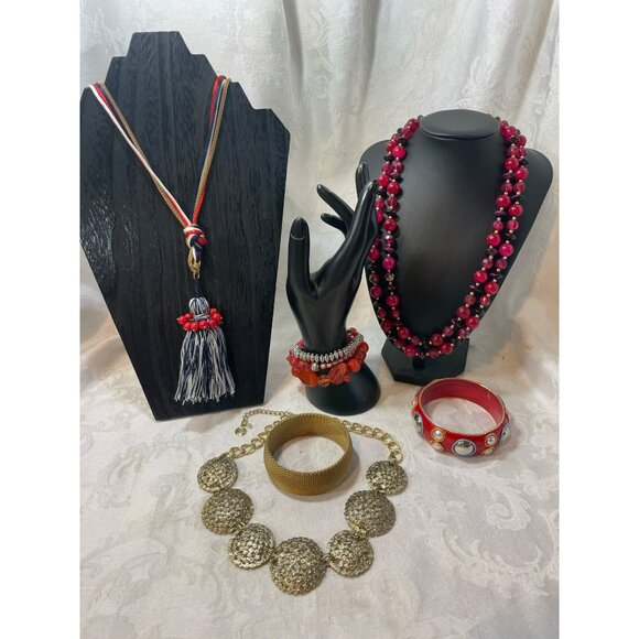 Vintage Jewelry Lot of Red & Gold Themed Multi-Layered Red Plastic Beaded Neckla - Picture 1 of 8